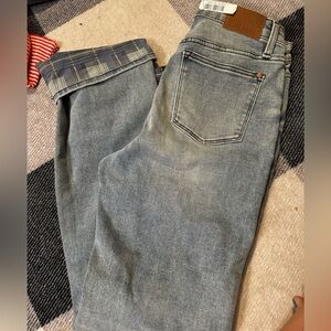 Judy blue wide leg with plaid fabric when folded up